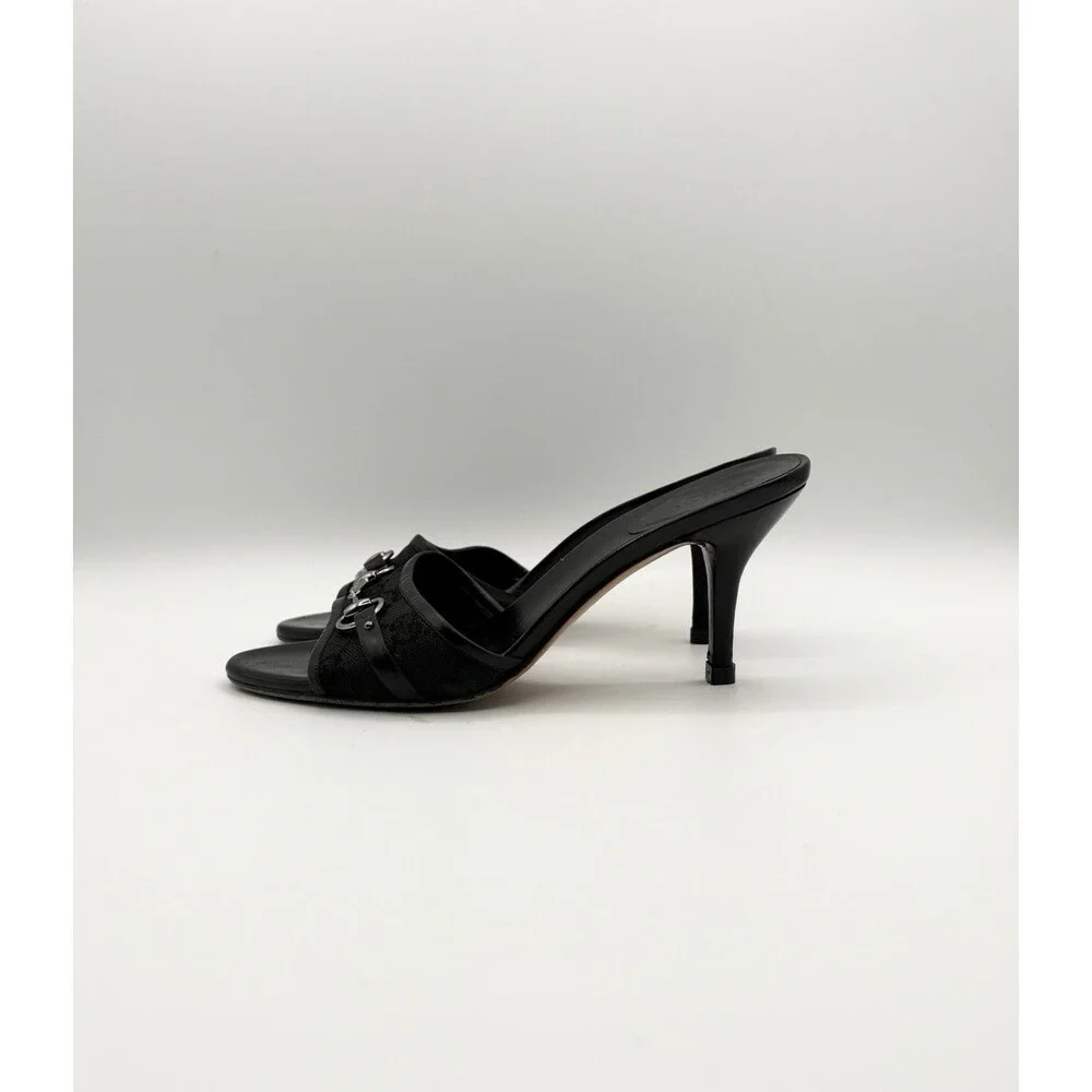 Gucci Black Leather Mules Canvas GG Logo Silver Horsebit Heels Y2K Size EU 35.5